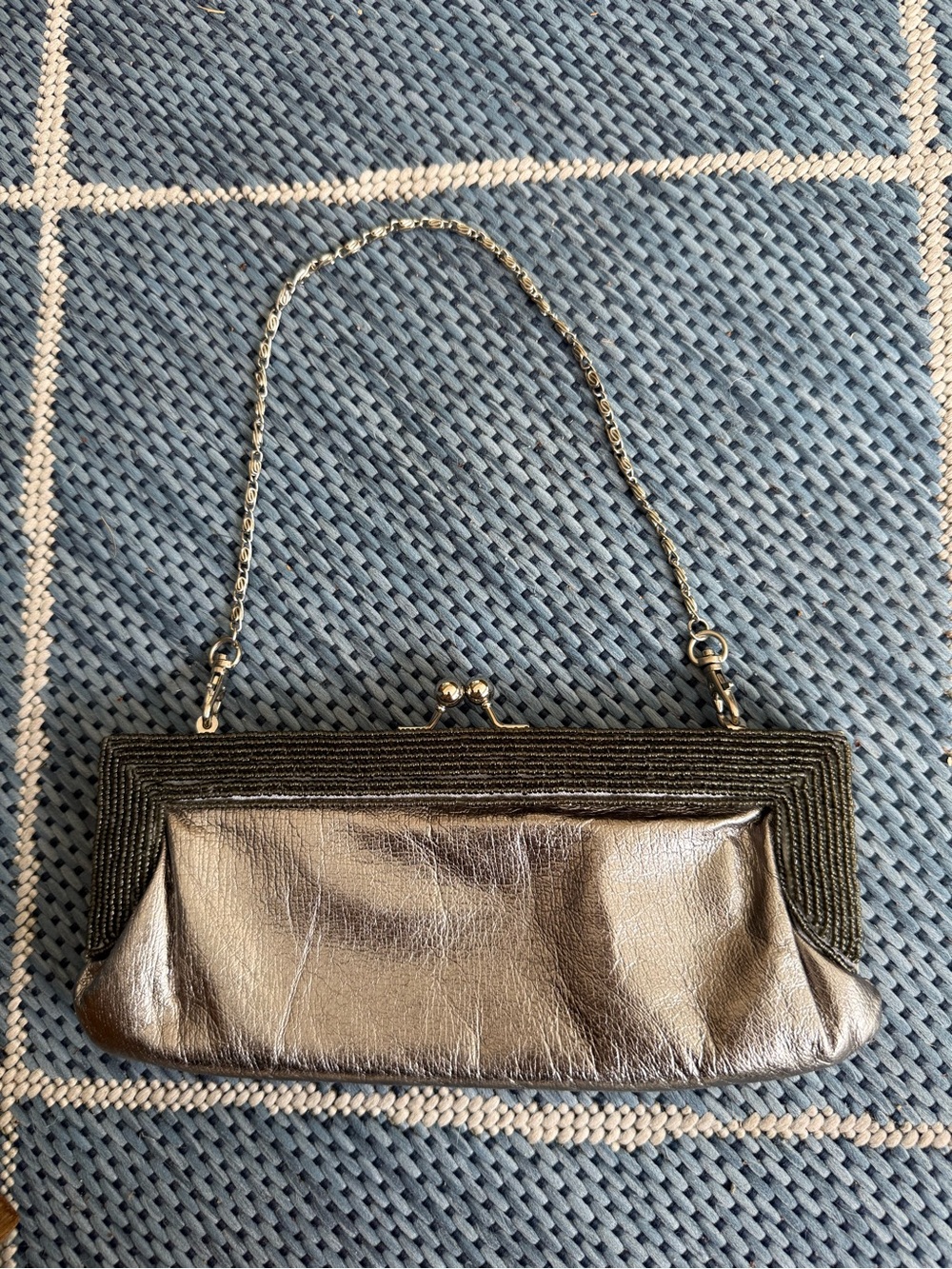 Metallic Silver and Beaded Evening Clutch Bag with Detachable Chain Strap